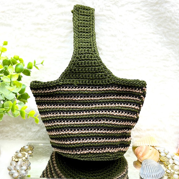 Handbags - Green and Brown Striped Small Cute Embroidered Bag